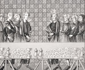 Hovelingen die Rijkdom Verzamelen ten Kosten van de Armen, naar een miniatuur in het 14e-eeuwse manuscript 